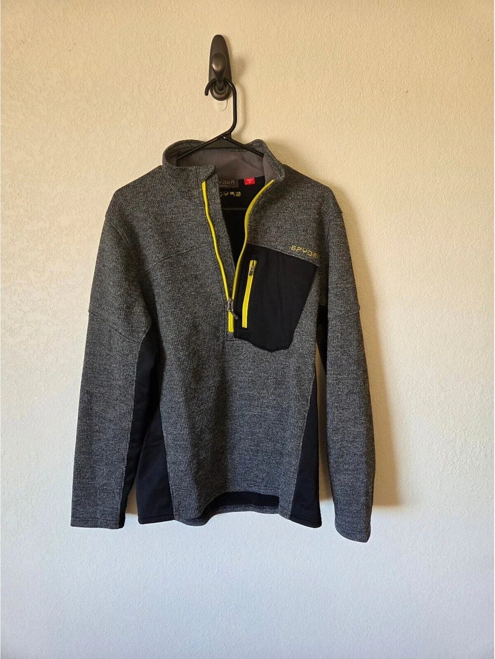 Spyder Men's Gray and Black Half-Zip Fleece Pullover with Yellow Accents Size M
